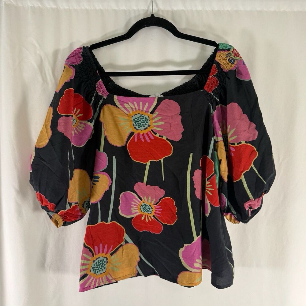 Velvet by Graham Spencer Blouse Womens Large Black Floral Silk Blend Square Neck